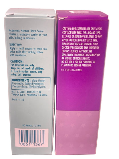 The back and side of a skincare product box, showing the brand name TRADER JOE on the bottom, with usage directions, ingredients, and caution text on a pink background.