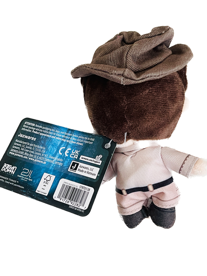 Plush toy resembling a character from 'Star Wars' with a visible tag on a white background