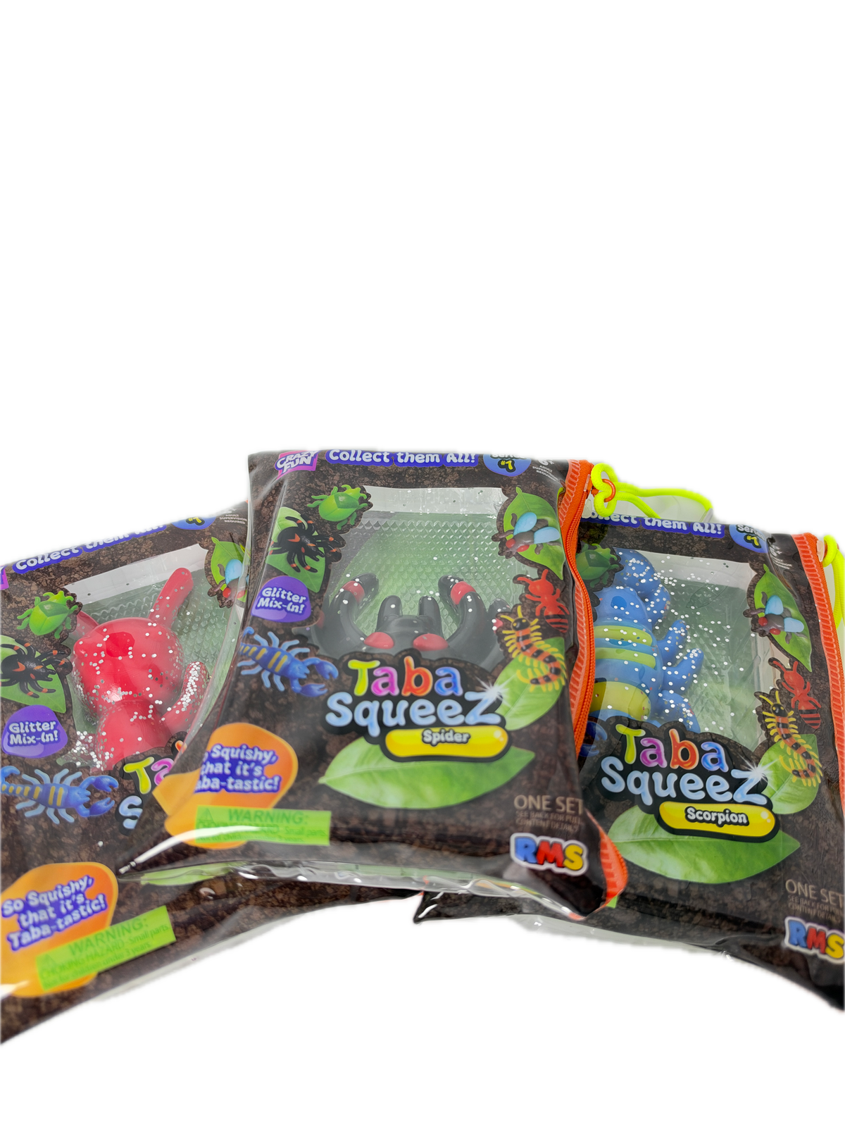 Three bags of Tabaz Squeezed insect powder stacked diagonally on a plain white background. The packaging features colorful illustrations of insects and has a clear window showing the dark brown powder inside.