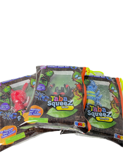 Three bags of Tabaz Squeezed insect powder stacked diagonally on a plain white background. The packaging features colorful illustrations of insects and has a clear window showing the dark brown powder inside.