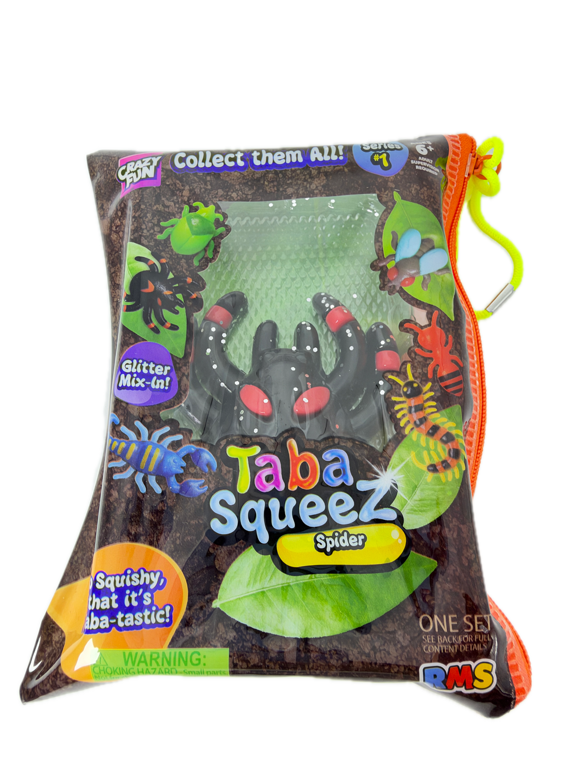 A packaged toy product labeled 'Taba Squeez Sphere' in a soil-textured pouch with colorful insect graphics, a green hanging loop, and an orange zipper, shown on a plain white background.