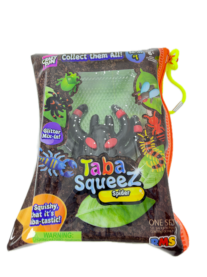 A packaged toy product labeled 'Taba Squeez Sphere' in a soil-textured pouch with colorful insect graphics, a green hanging loop, and an orange zipper, shown on a plain white background.
