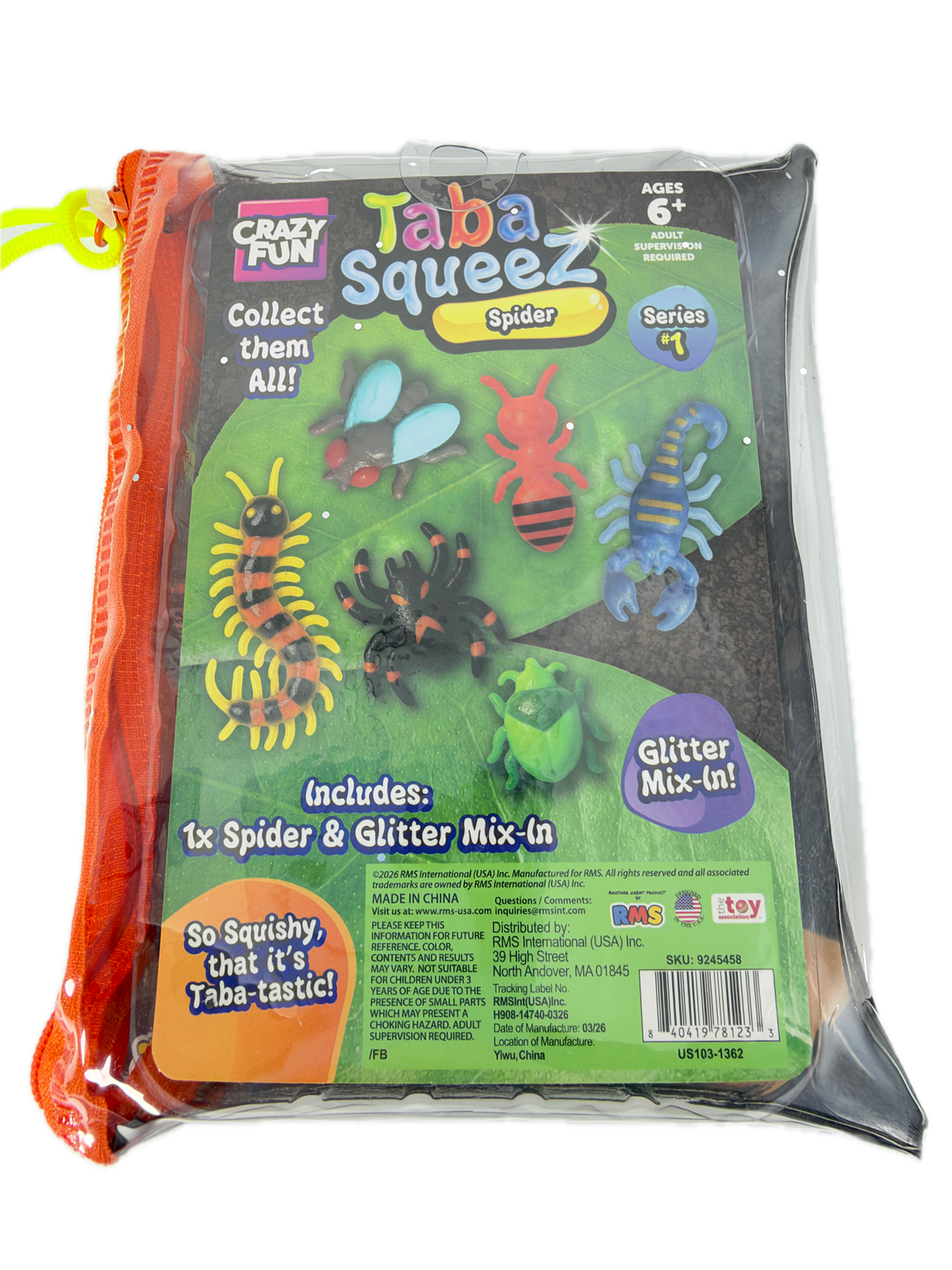 A packaged toy set in a clear zip bag labeled 'Jaba Squeez' with 'Spider' and 'Glitter Mix-in' text, showing colorful toy bugs and packaging graphics on a white background.