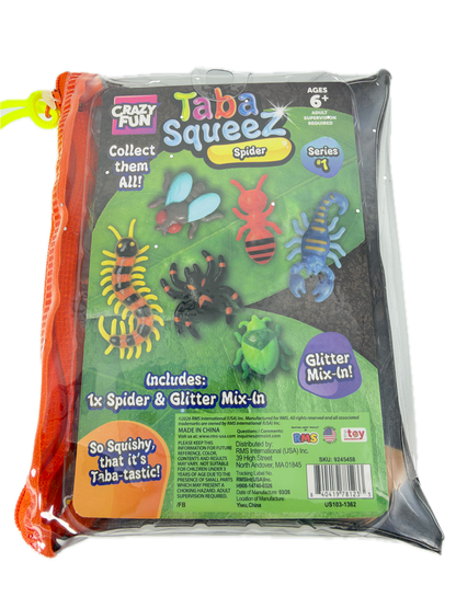 A packaged toy set in a clear zip bag labeled 'Jaba Squeez' with 'Spider' and 'Glitter Mix-in' text, showing colorful toy bugs and packaging graphics on a white background.