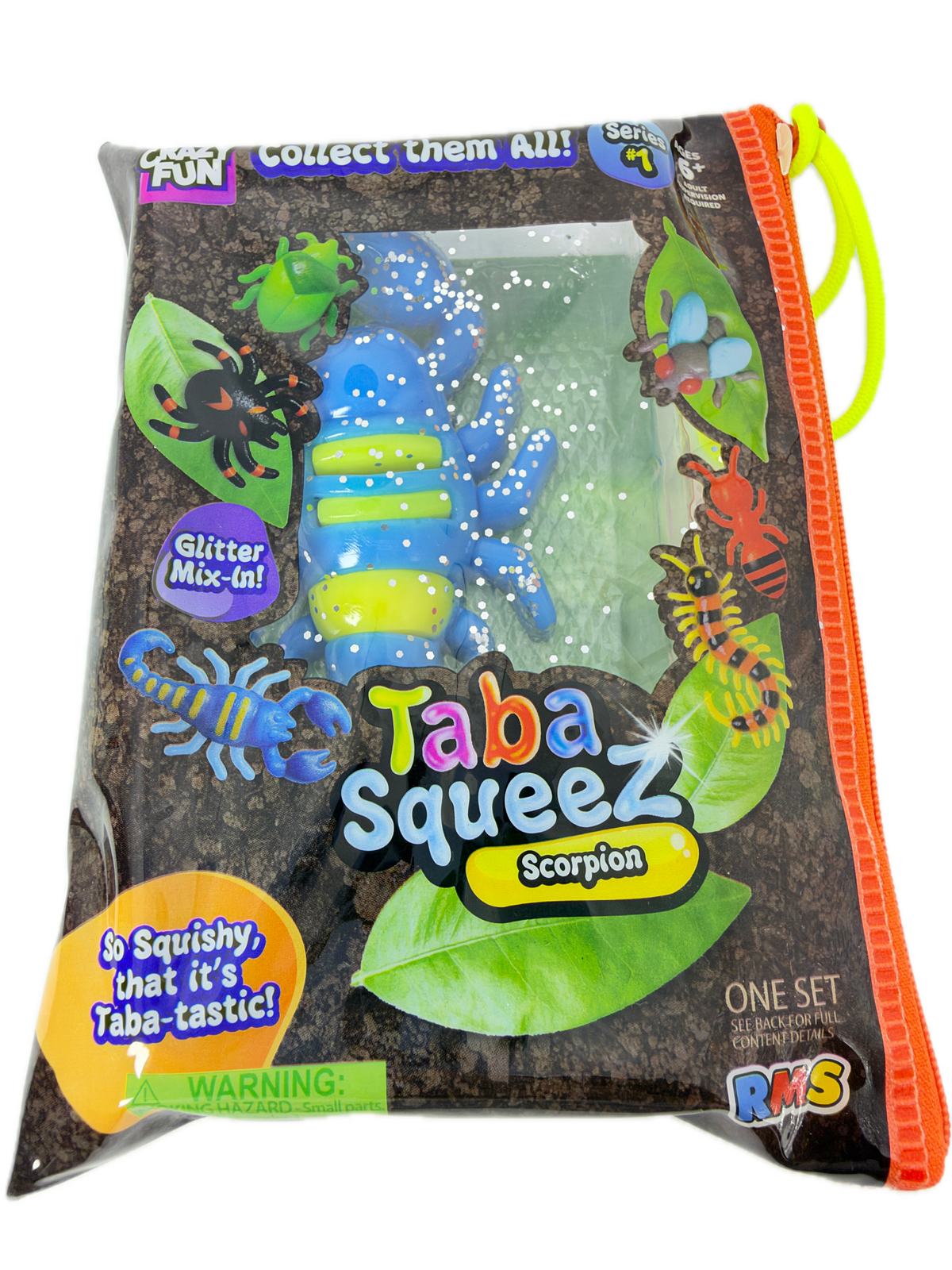 A packaged toy set in a clear zip pouch labeled 'Taba Squeez Scorpion' with colorful illustrated insects and a blue-and-yellow scorpion figure visible inside on a white background.