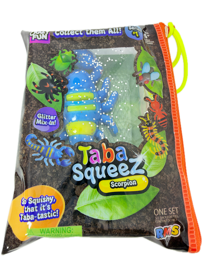 A packaged toy set in a clear zip pouch labeled 'Taba Squeez Scorpion' with colorful illustrated insects and a blue-and-yellow scorpion figure visible inside on a white background.