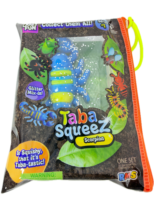 A packaged toy set in a clear zip pouch labeled 'Taba Squeez Scorpion' with colorful illustrated insects and a blue-and-yellow scorpion figure visible inside on a white background.