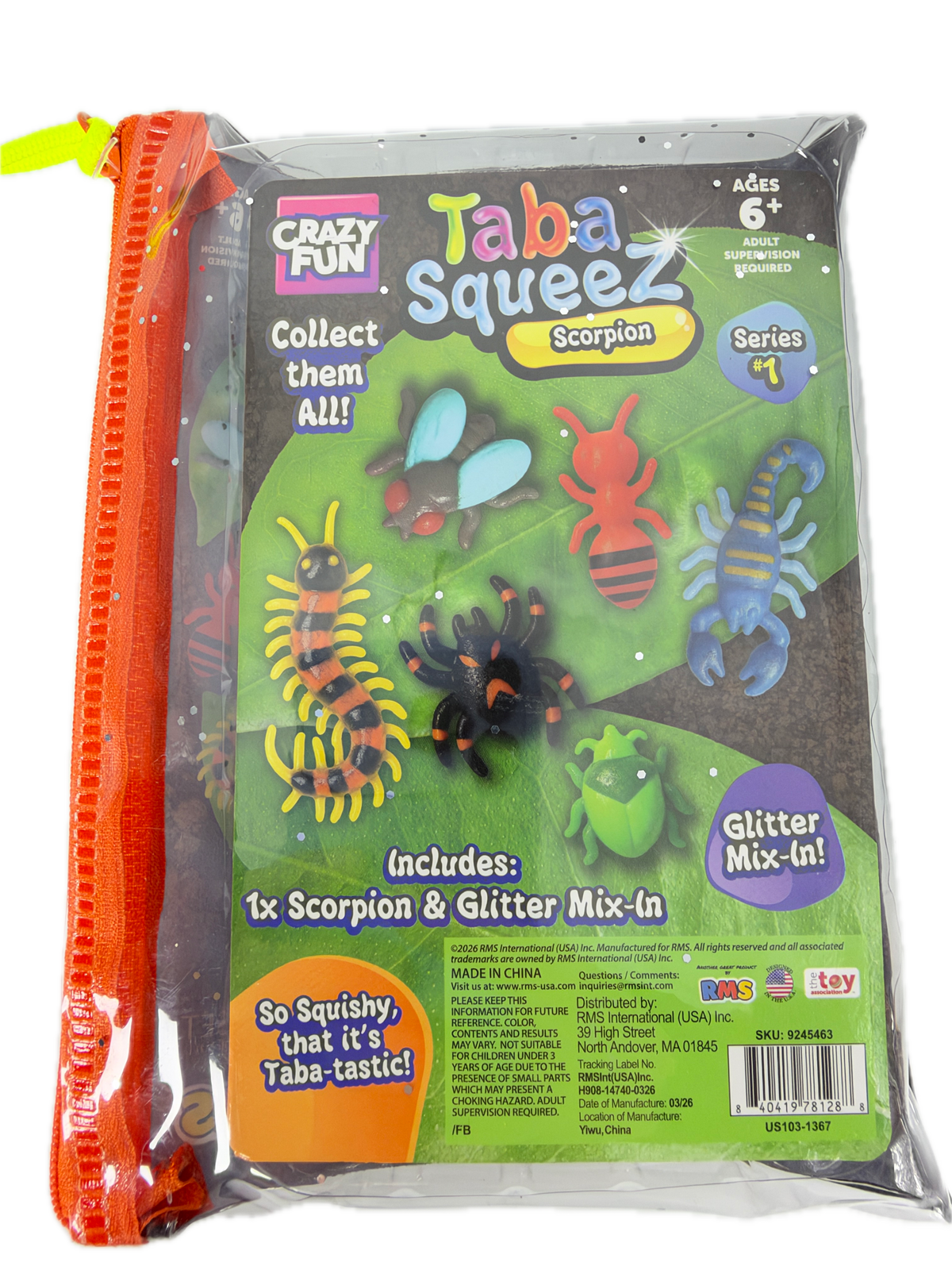 A packaged toy set in a clear zip pouch labeled 'Taba Squeezz' with insect-themed glitter mix-ins, including a scorpion and spider, shown against a plain white background.
