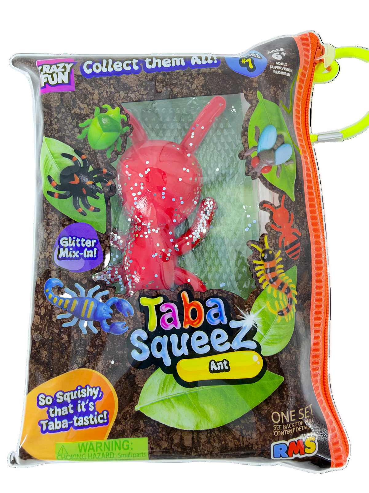 A packaged toy product in a clear zip pouch labeled 'Taba Squeezz Art' with a red glittery spider inside and colorful insect graphics on a brown soil-style background. The pouch has an orange zipper and a neon yellow pull tab.