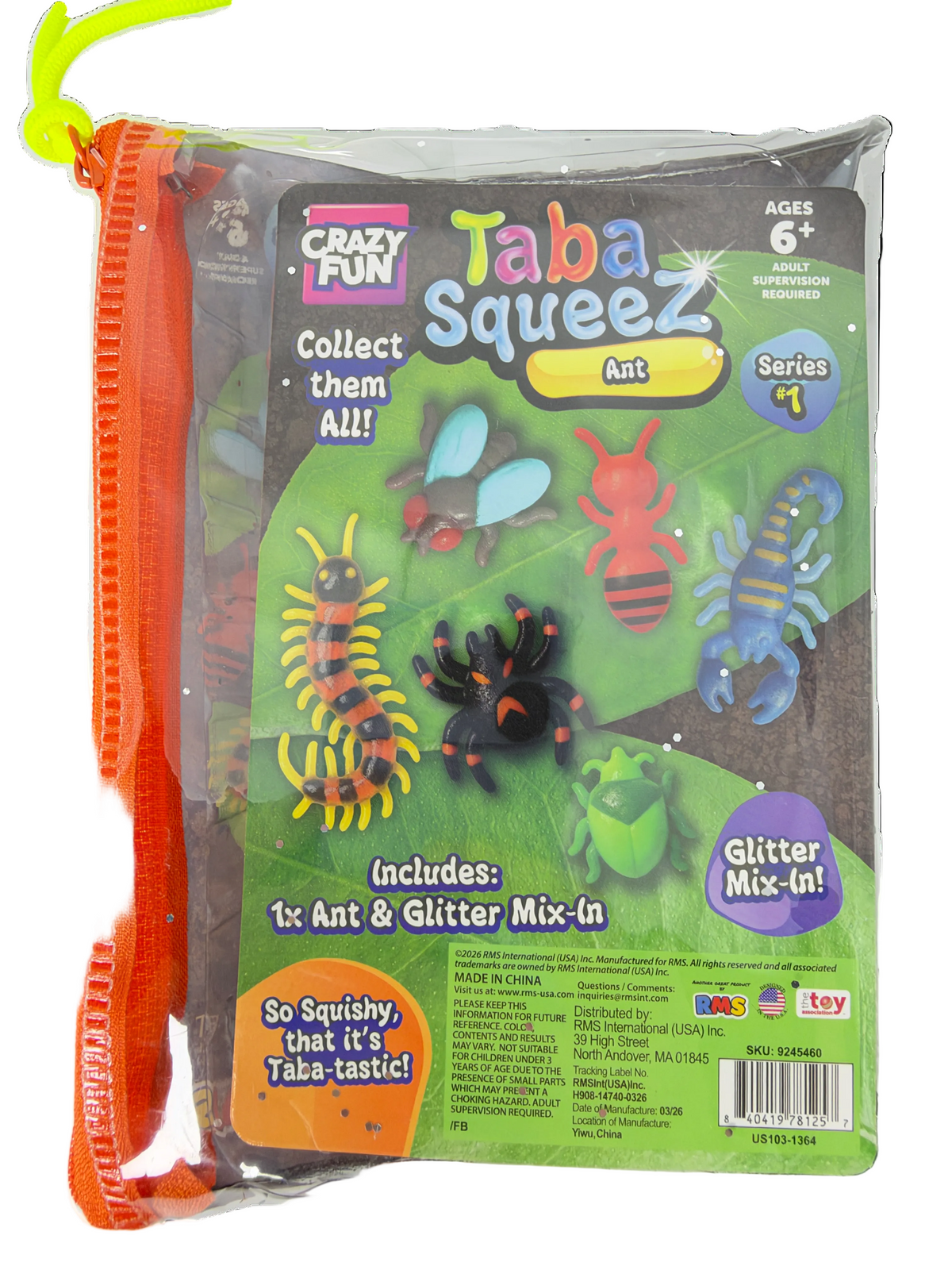 A packaged toy set in a clear zip pouch with an orange zipper. The inside backing card shows the brand Crazy Fun and the product name Taboo Squeezz, Series 1 Ant, with illustrations of insect-like toys and text noting glitter mix-in pieces.