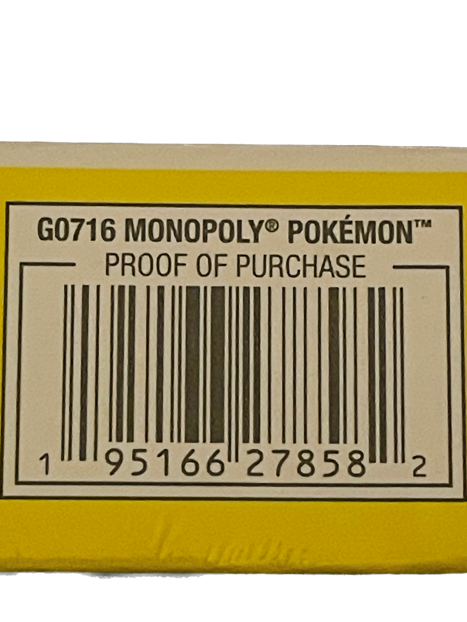 Monopoly Pokémon proof of purchase with barcode and text on a yellow background