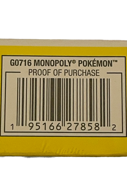 Monopoly Pokémon proof of purchase with barcode and text on a yellow background