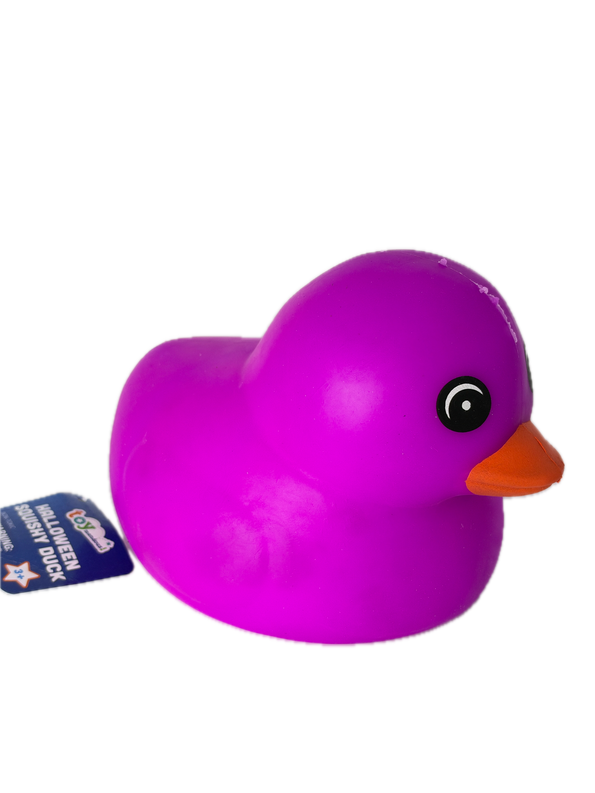A bright purple squishy duck toy with a small orange beak and a black-and-white eye, shown on a plain white background with a blue product tag attached.