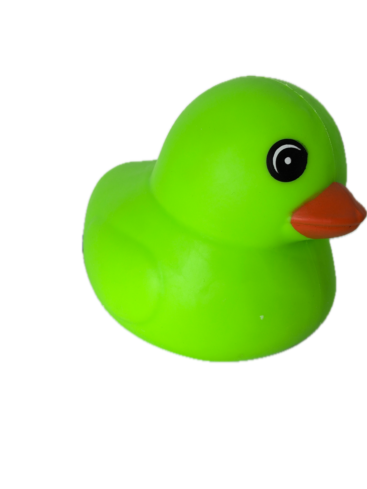 A bright green squishy duck with a small orange beak and a black-and-white eye, isolated on a white background.