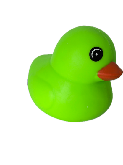 A bright green squishy duck with a small orange beak and a black-and-white eye, isolated on a white background.