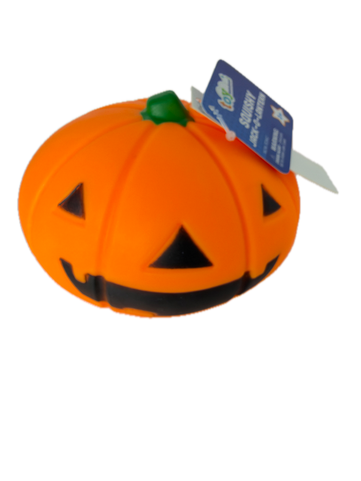 An orange Squishypumpkin-shaped ball toy with black jack-o'-lantern facial features, a small green stem, and a blue product tag attached, shown on a plain white background.