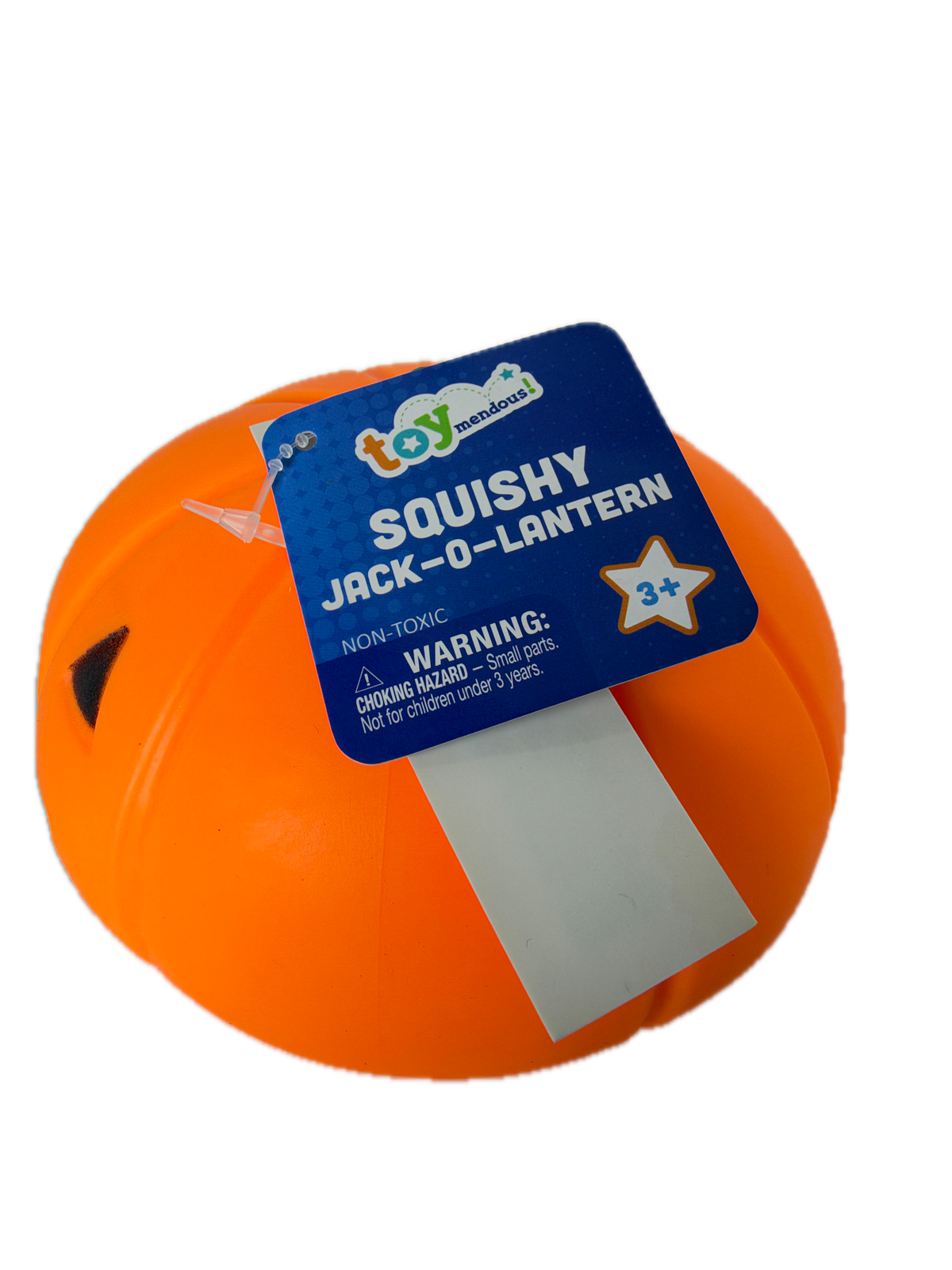An orange squishy jack-o'-lantern toy with a blue and white product tag attached, photographed on a solid white background.