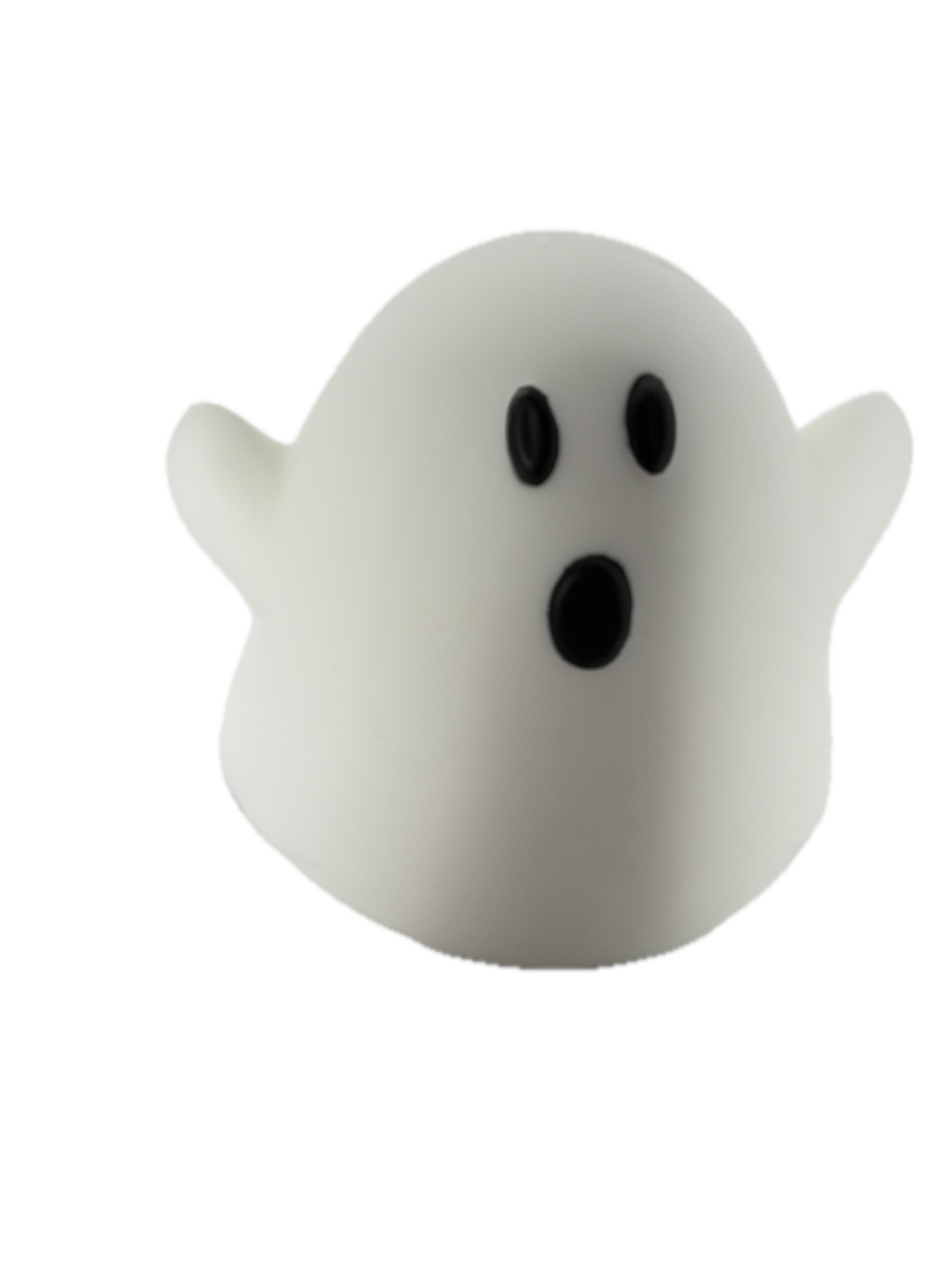 A white ghost-shaped squishy item with black oval eyes, shown against a plain white background.