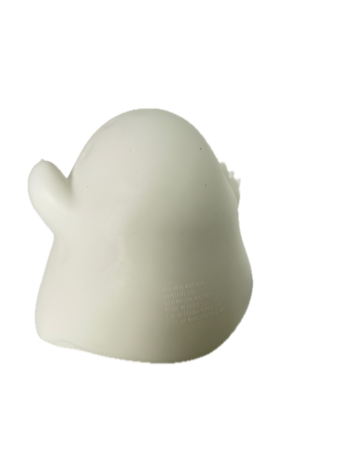 A white, squishy ghost on white background.