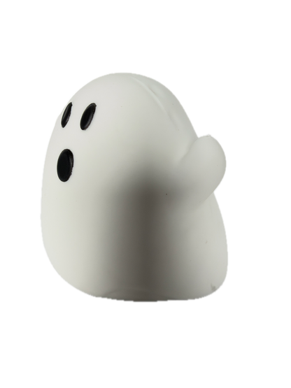 A white, ghost-shaped squishy toy with three black eyes, shown on a plain white background.