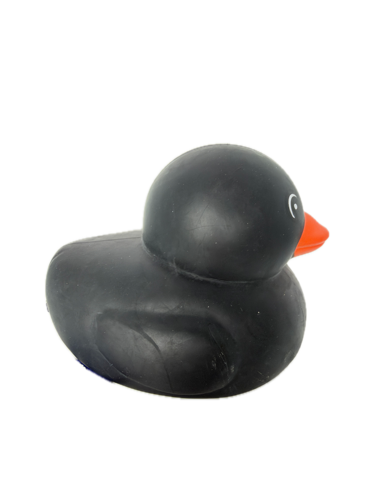 A black squishyduck toy with a bright orange beak and small white eye detail, shown against a plain white background.