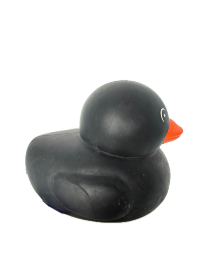 A black squishyduck toy with a bright orange beak and small white eye detail, shown against a plain white background.
