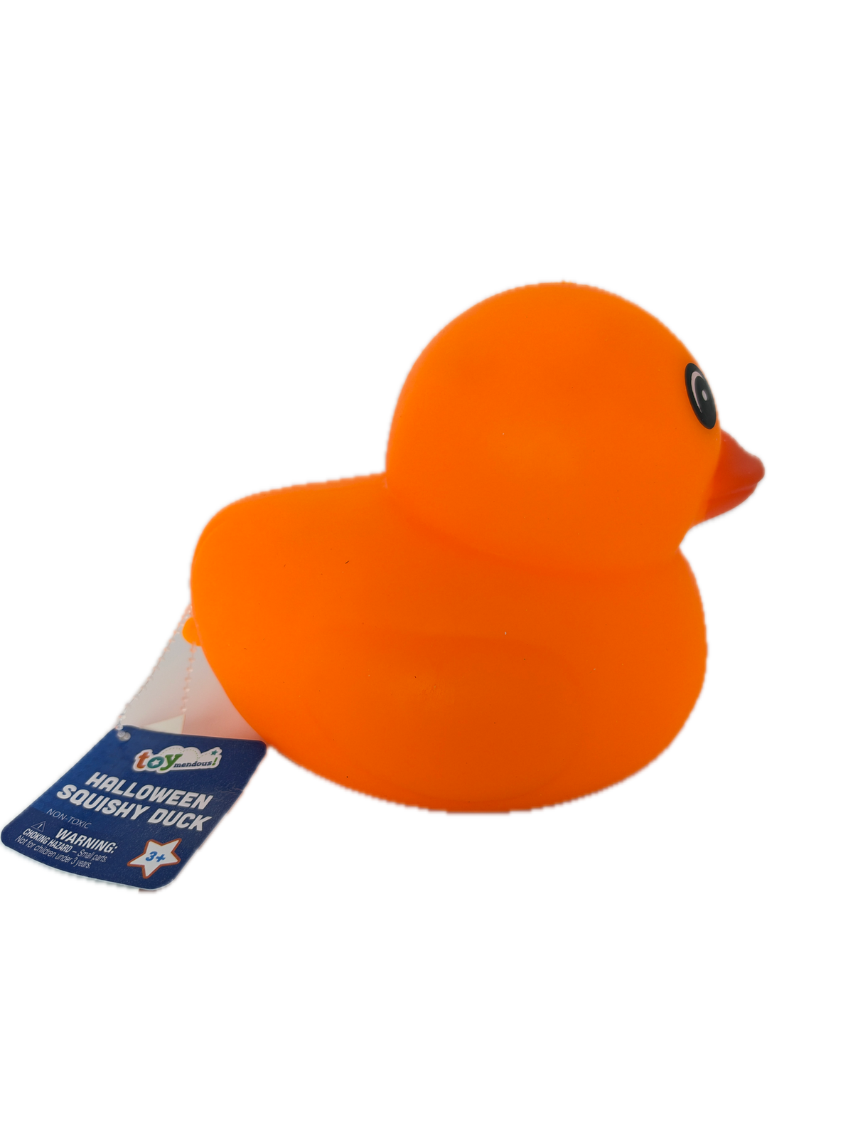 An orange squish duck toy with a small black eye detail and a blue hang tag, isolated on a white background.