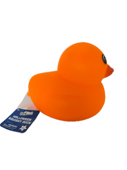 An orange squish duck toy with a small black eye detail and a blue hang tag, isolated on a white background.