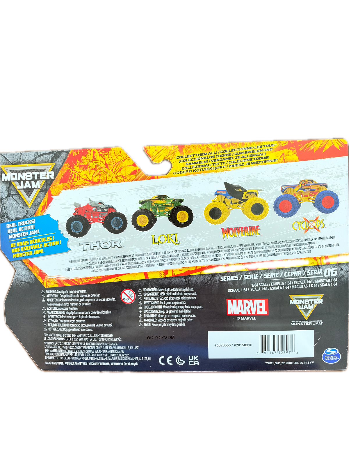 Back side of a Marvel Monster Trucks toy package showing printed product information, barcode, and illustrations of four monster trucks including Crusher, Wolverine, Torq, and Thor.