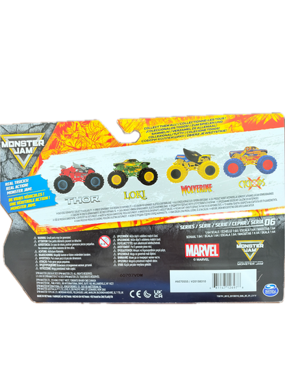 Back side of a Marvel Monster Trucks toy package showing printed product information, barcode, and illustrations of four monster trucks including Crusher, Wolverine, Torq, and Thor.