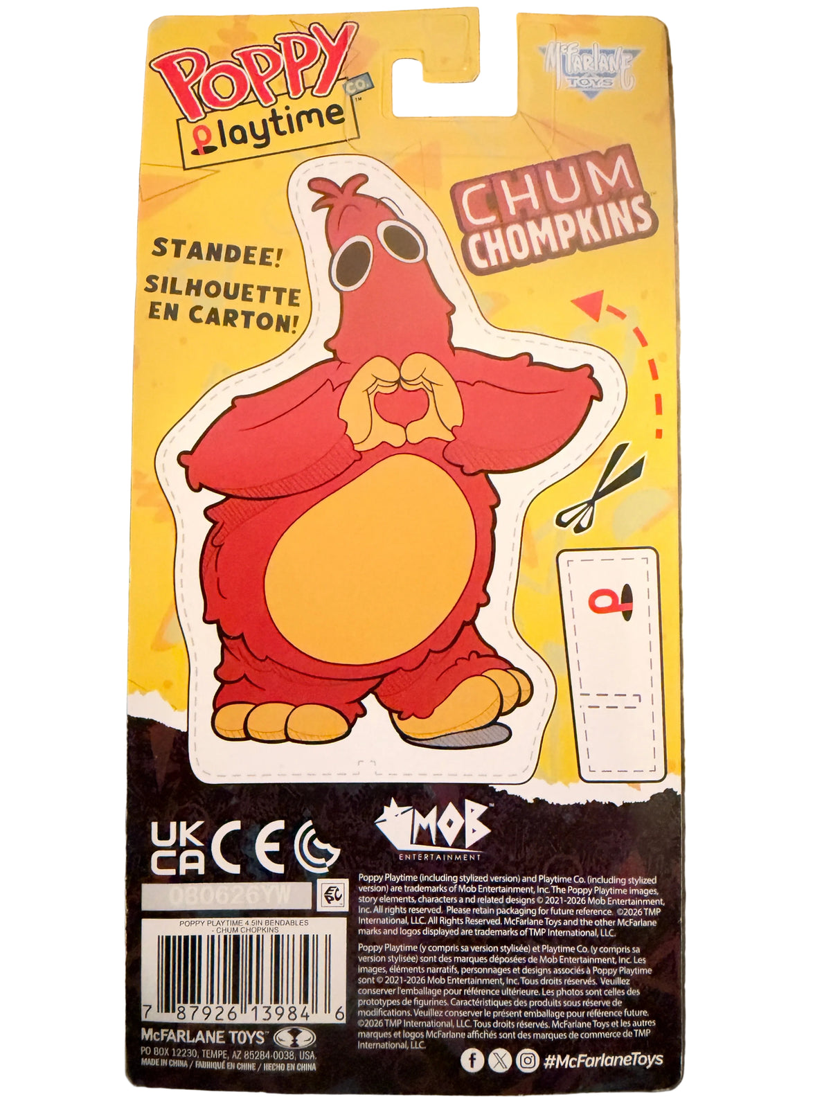 Packaged Poppy Playtime Chum Chompins sticker, showing the red and yellow cartoon character on the front of the cardboard backing with product details on the right side.