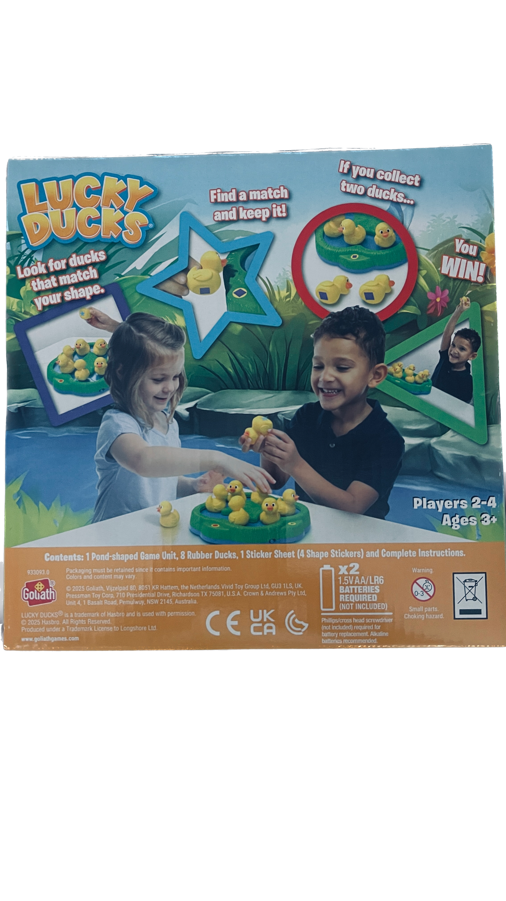 Box of Lucky Ducks game with children playing on a white background