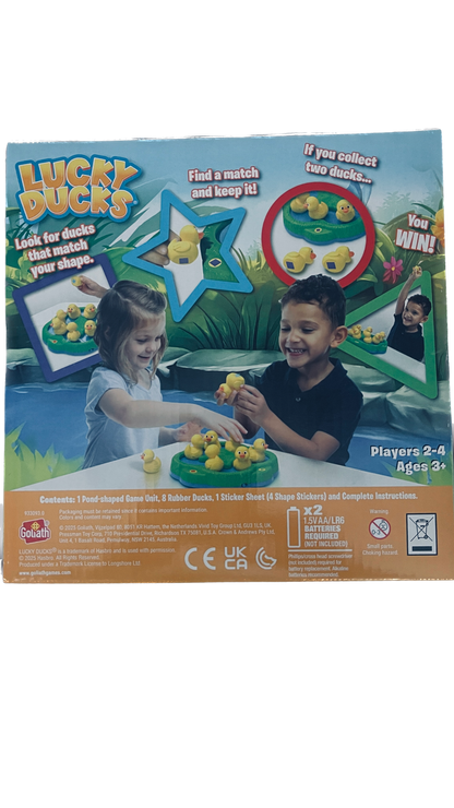 Box of Lucky Ducks game with children playing on a white background