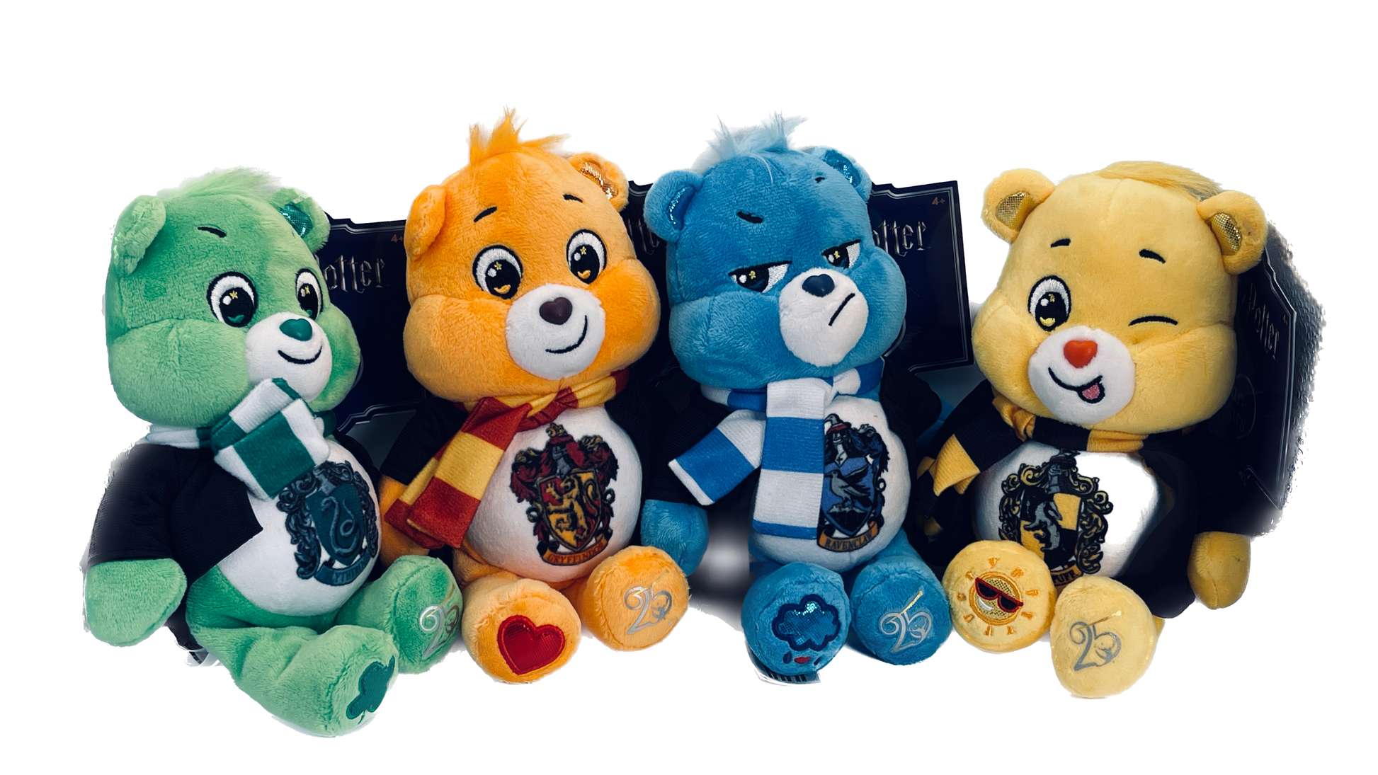 Five colorful plush toys resembling bears on a white background