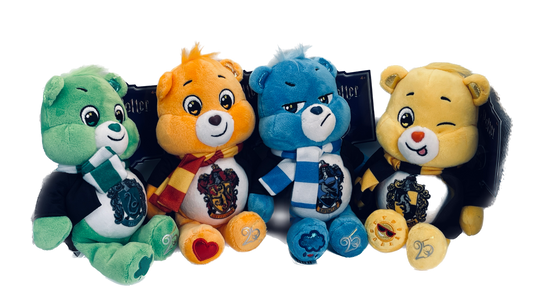 Five colorful plush toys resembling bears on a white background