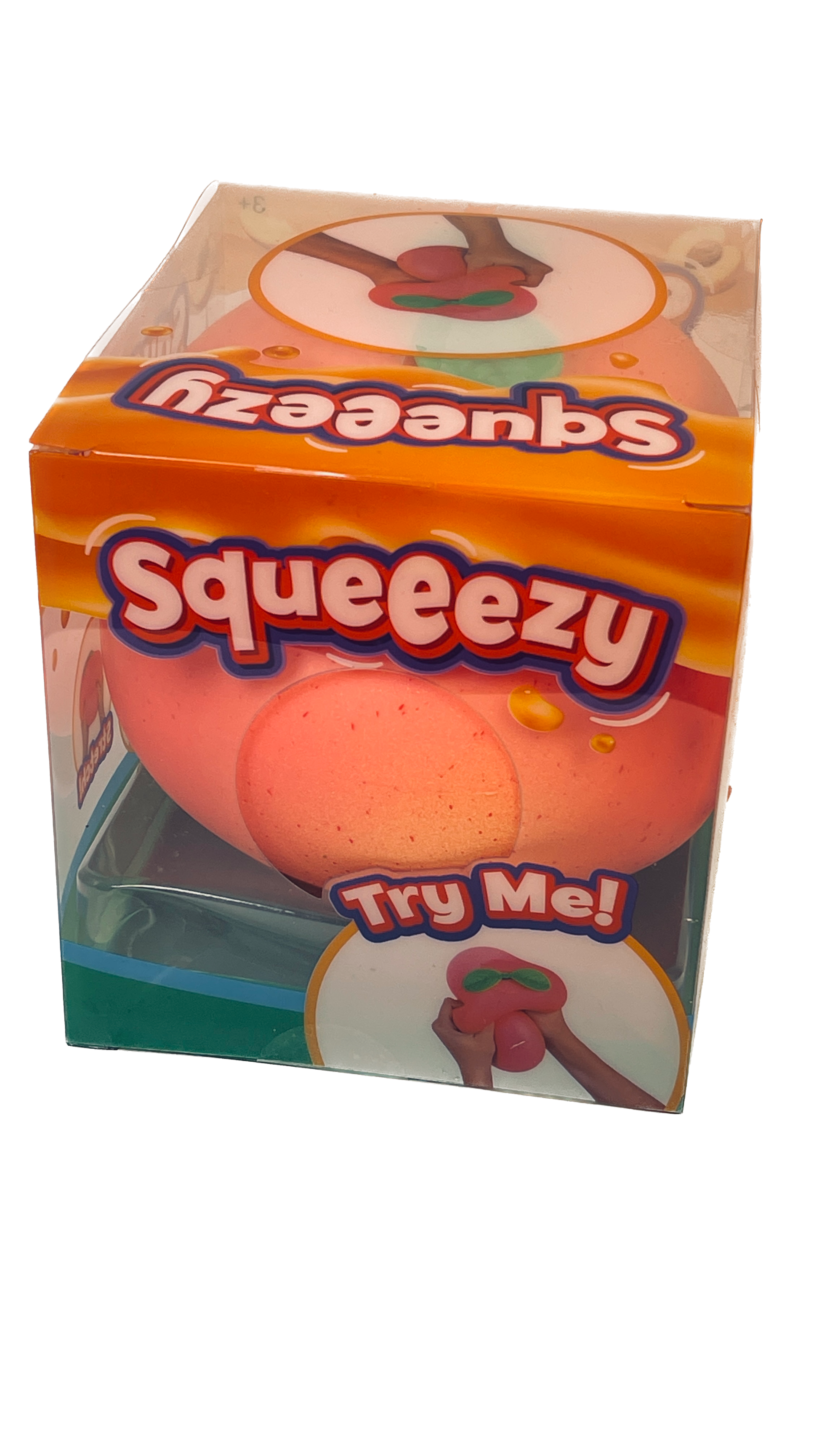 Box of a toy labeled 'Squeeezy' with an orange character on a white background.