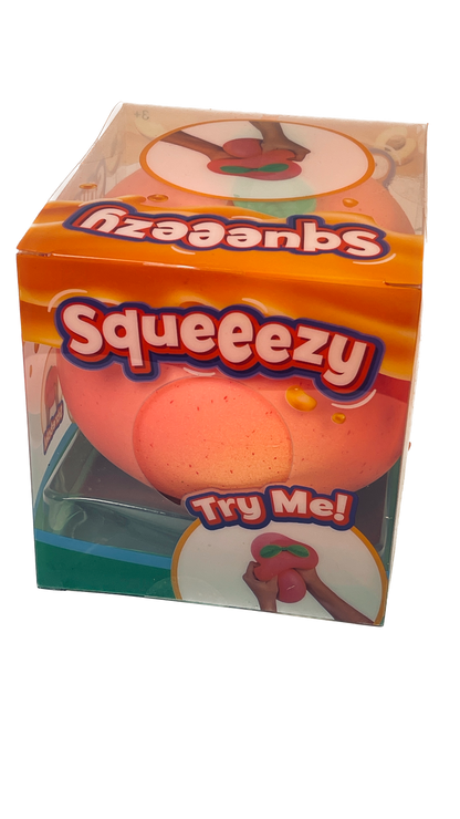 Box of a toy labeled 'Squeeezy' with an orange character on a white background.