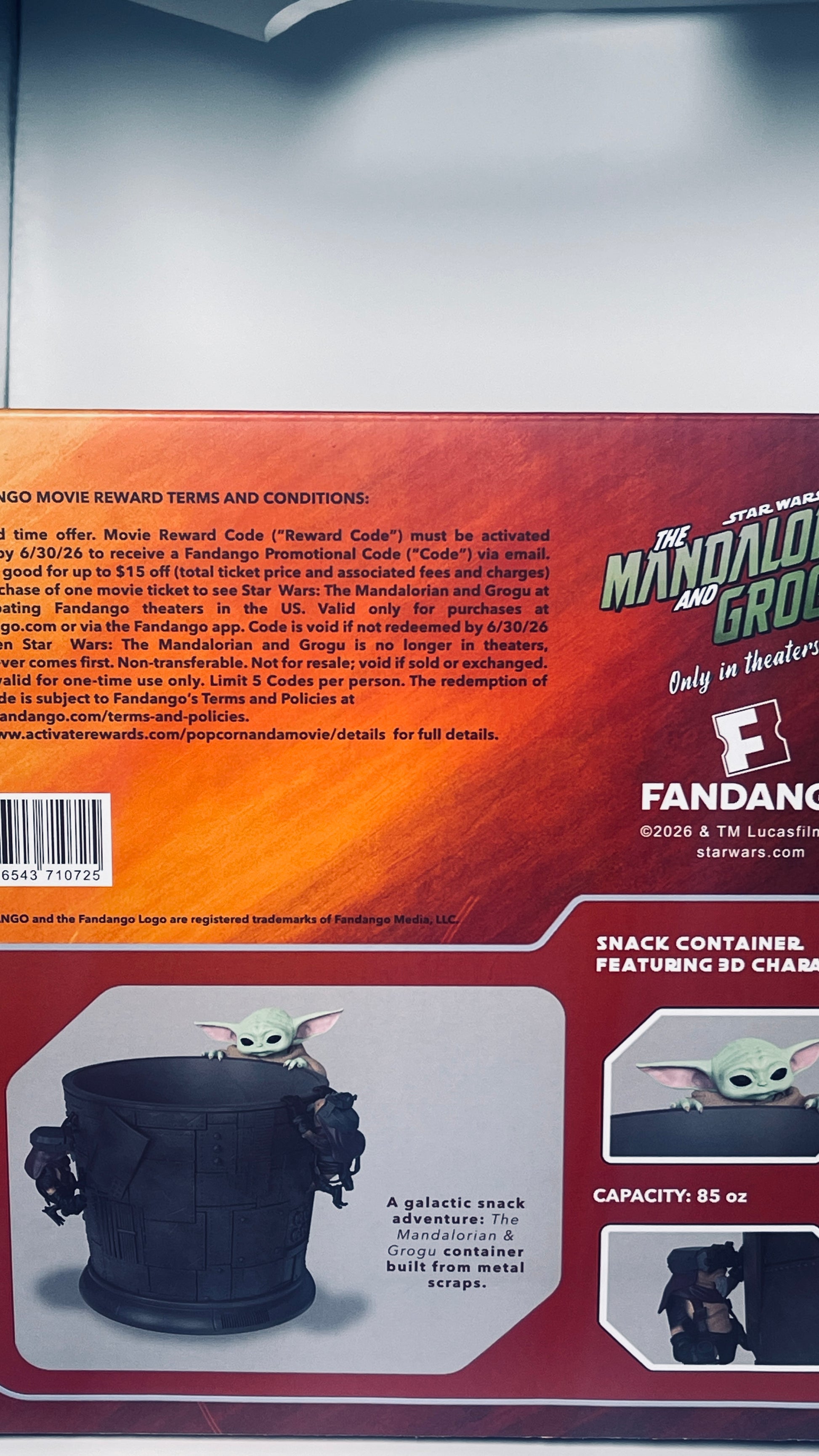 Product packaging with 'The Mandalorian' and 'Fandango' branding on a white background.