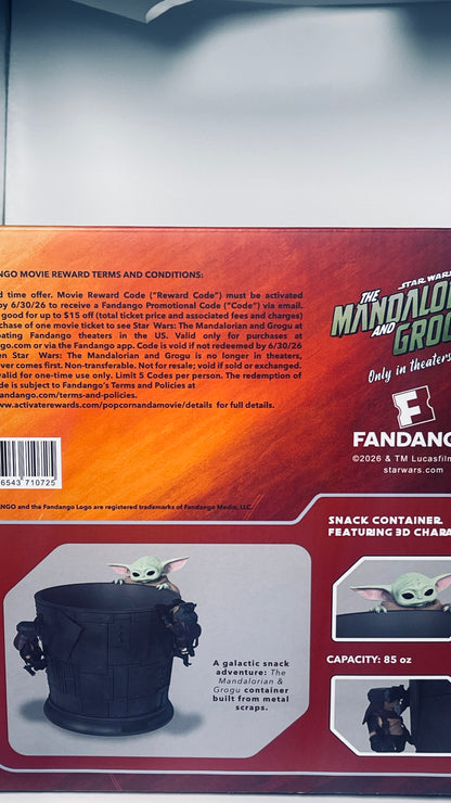 Product packaging with 'The Mandalorian' and 'Fandango' branding on a white background.