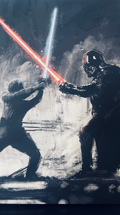 Two figures engaged in a lightsaber duel with one wielding a red lightsaber.