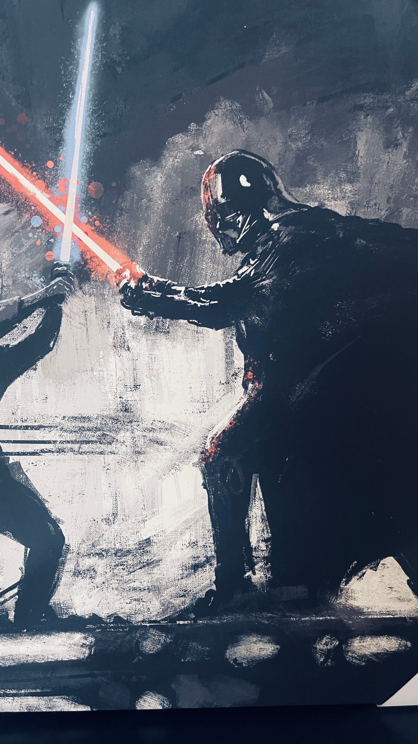 Character with a red lightsaber in a dark, gritty setting