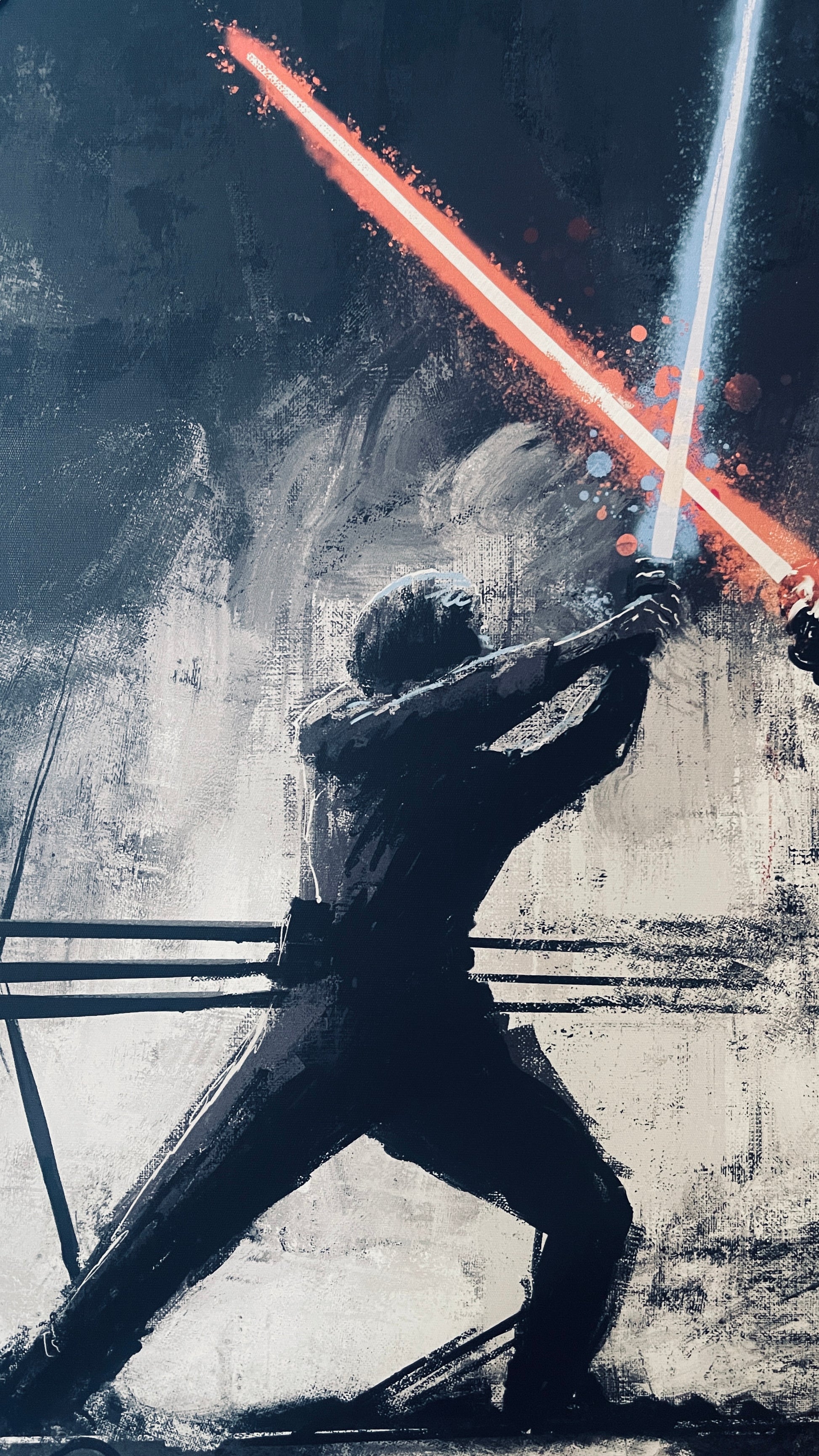 Artistic depiction of a character wielding a lightsaber against a dark background