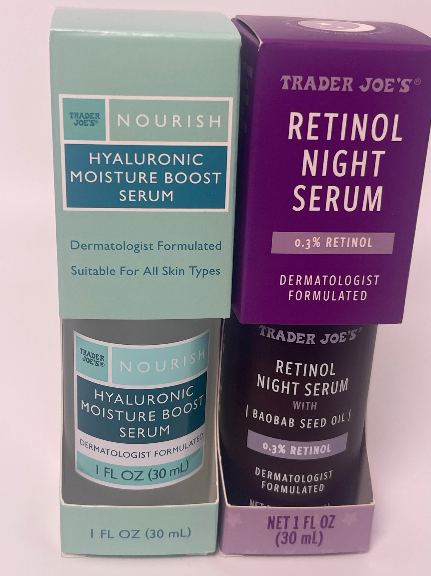 Trader Joe's Nourish Hyaluronic Moisture Boost Serum & Retinol Night Serum with Baobab Seed Oil – 1 fl oz / 30ml (Set of 2)