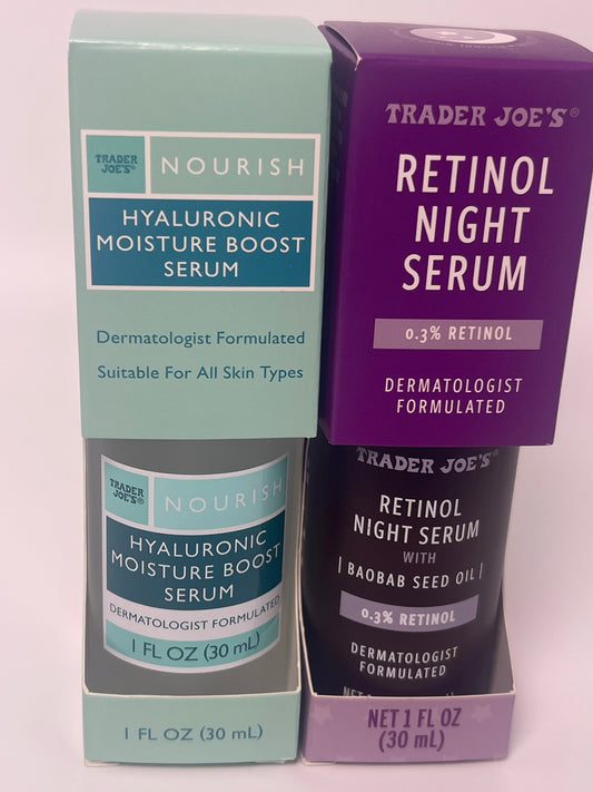 Trader Joe's Nourish Hyaluronic Moisture Boost Serum & Retinol Night Serum with Baobab Seed Oil – 1 fl oz / 30ml (Set of 2)