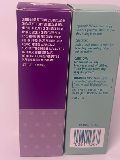 Trader Joe's Nourish Hyaluronic Moisture Boost Serum & Retinol Night Serum with Baobab Seed Oil – 1 fl oz / 30ml (Set of 2)