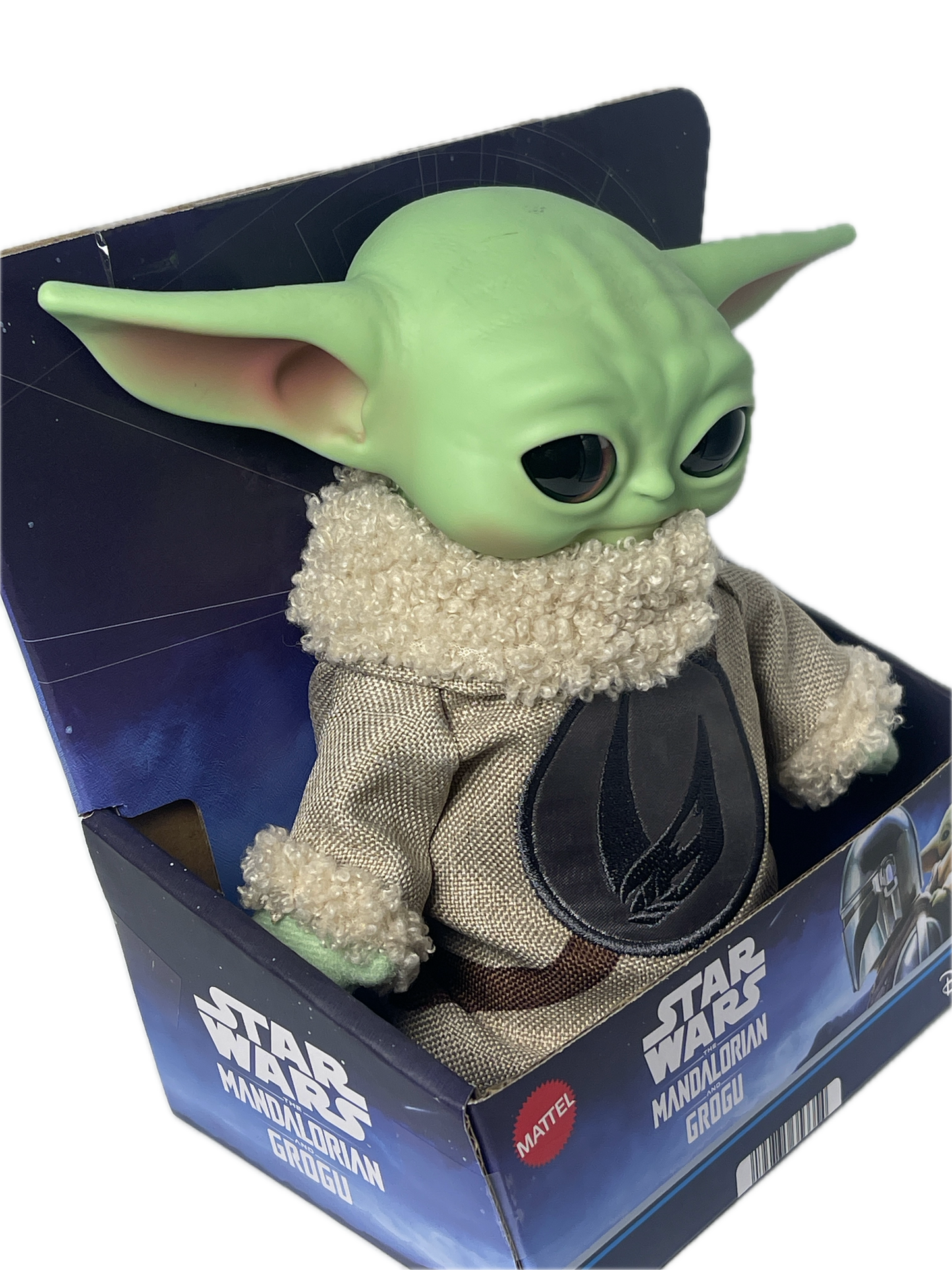 Green alien plush toy with a fluffy white head in a Star Wars packaging box.