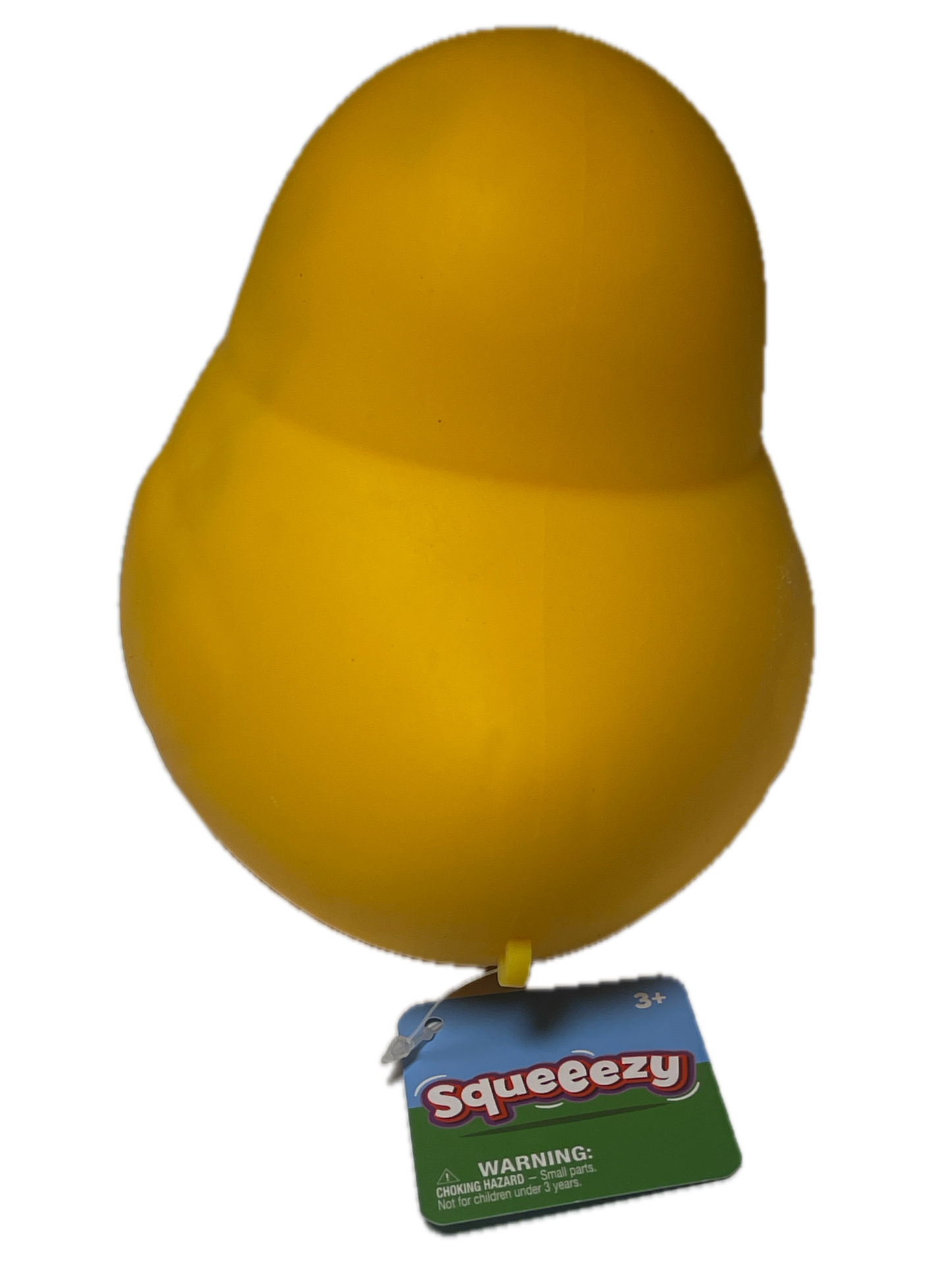 Yellow stress ball with a green label on a white background