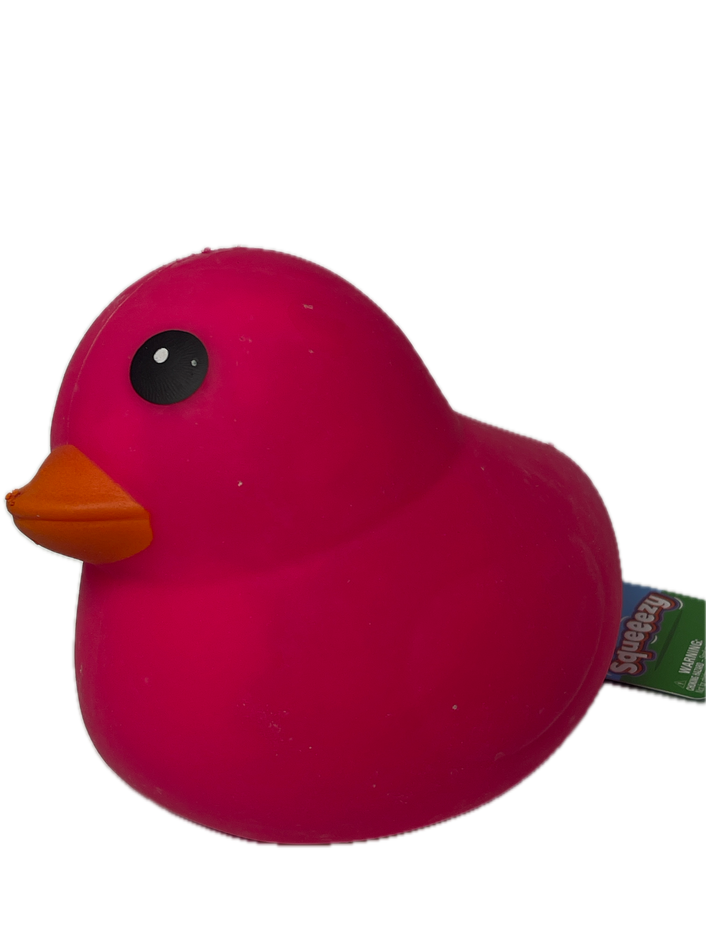 Pink bird-shaped object with a black eye and orange beak on a white background