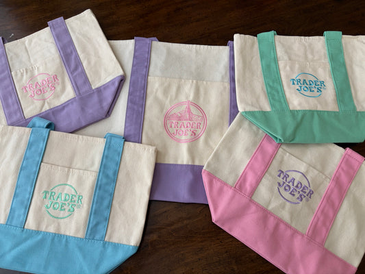 2026 Trader Joe's Large & Mini Pastel Canvas Tote Bag Set | 1 LG & 4 Mini