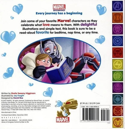 Marvel book cover with characters and Marvel logos on a white background